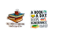 Sample book stickers, including "All I need is a good book and a cup of tea" and "A book a day keeps ignorance away."