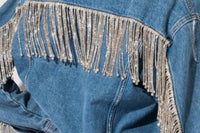 Glam Luxe Subscription Box filled with new luxe and glam styles every month. Diamond fringe denim jacket.