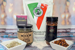 Culinarie LUXE ingredients, including: Caviaroli balsamic pearls, Italian herb seasoning, Neopolitan style pizza dough, and crushed pepper.