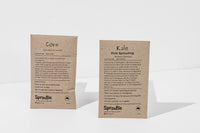 Two seed packets sit upright on a white background. They are brown paper. One says "corn" and the other "kale, pink sprouting".