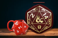 Dungeons and Dragons Red and White Sculpted Dice Shaped Mug and Red and Gold Dice Shaped Vegan Leather Lunch Bag.