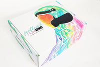 A closed Feathered Fun subscription box with a parrot on it.