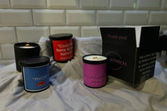 An example of our scented candles that come in our Friends subscription box featuring "Friends" quotes. Fragrances and quotes will vary.