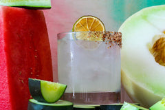 Image of the El Pepino Margarita with blanco tequila, lime Juice, cucumber syrup, agave syrup and a pinch celery salt