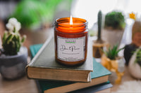 a jarred candle sits atop a stack of old books. Succulents and other plants are blurred in the background.