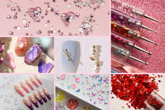 Makynail mystery box may include rhinestones, shell chips, dainty nail jewelry, studs, glitters, and tools. 