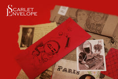 Scarlet Envelope Secret Society subscription box featuring a red envelope and mystery-themed items for an escape room experience