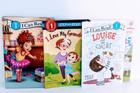Three colorful children's books from the Kids Read Daily Book Club: "My Family and Me," "The Thrifty Guide to Ancient Rome," and "Freddie Mole, Lion Tamer"