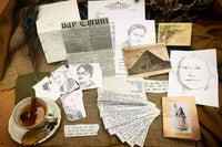 Vintage letters and hand draw sketches, postcards, vintage christmas cards, photocopied documents and a cup of tea