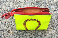 Softball coin purse unzipped to show tan interior with key ring and space for cards, driver's license, and more