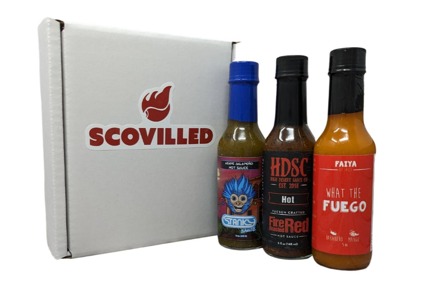 SCOVILLED hot sauce of the month club featuring Stanky Sauce, High Desert Sauce Company, and FAIYA Co