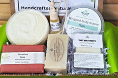 Beauty by Francesca Subscription Box with body butter, rose soap, wax tart melts and aromatherapy diffuser.