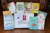 Bette's Box of Blessings subscription box featuring faith-themed items, including devotionals, cards, and inspirational gifts