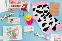 Contents of a western-themed subscription box. Items are cow socks, a cat cowboy pin, a cow girl greeting card, and boot and hat earrings. 