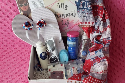 July 2022 My Fragrant Life Deluxe Scent of the month Box  featuring Patriotic red, white and blue theme 