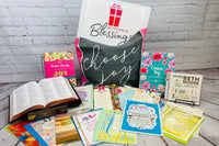 Bette's Box of Blessings subscription box featuring faith-themed items, including devotionals, cards, and inspirational gifts