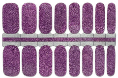 A complete set of Amethyst Nail Wraps including 16 nail polish stickers. A bright purple glitter color.