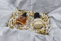 LOKA.HAUS: 'Duality Oil' in amber, center 'Intensity Parfum Roller' & right, 'Radiant Serum'. Elegance & quality shine in every drop.