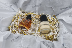 LOKA.HAUS: 'Duality Oil' in amber, center 'Intensity Parfum Roller' & right, 'Radiant Serum'. Elegance & quality shine in every drop.