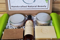 Beauty by Francesca Subscription Box with 2 bars of handmade soap, body scrub, facial mask and milk and honey lotion.