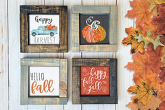 Brown and gray wood framed signs in various designs. Hello fall, happy fall yall, happy harvest, pumpkin.