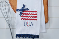 USA themed tea towel with ricrack and ribbon
