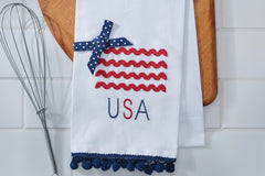 USA themed tea towel with ricrack and ribbon
