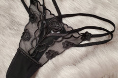 Black, embroidered thong