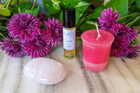 Positive Psychology based, Sacred Strengths Love Box with Aromatherapy Roll, Rose Quartz crystal, Love candle.