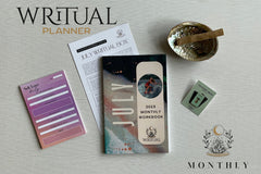 Writual Monthly Workbook, Abalone Shell + Palo Santo, The Chariot (remix) Enamel Pin, Self Love Daily Notepad