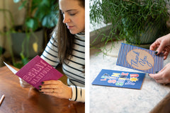 a woman reading the inside of a congratulations greeting card and another image of a person holding a thank you card
