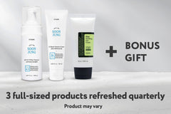 Full-sized cleanser, moisturizer, suncare products standing up with a + Bonus Gift text next to to them.