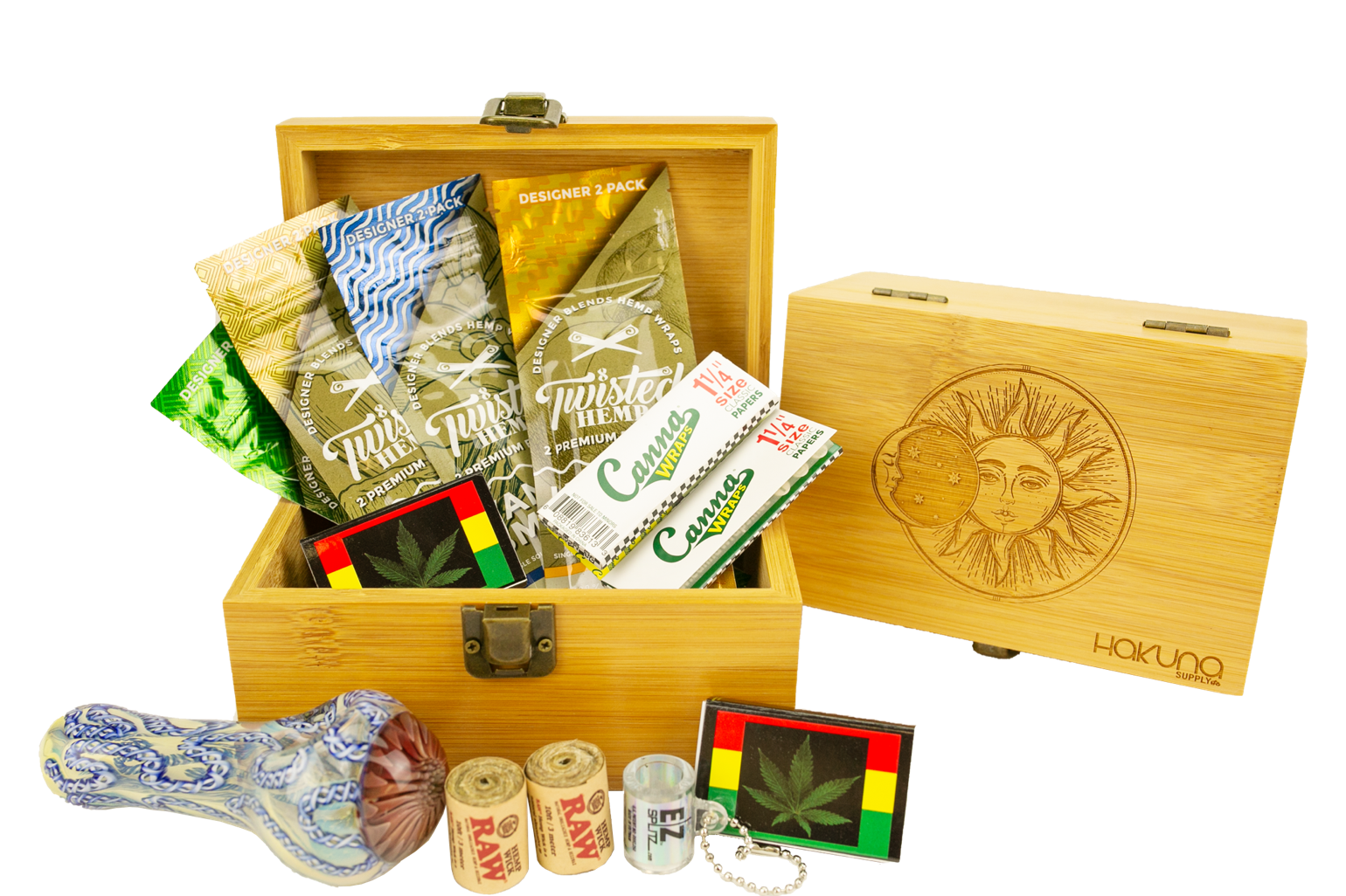 A Hakuna Supply subscription box filled with eco-friendly stone bundles including rolling papers, hemp wick rolls and more.