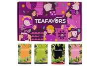 Colorful subscription box from TeaFavors featuring personalized tea blends and four premium tea packets including black and herbal teas