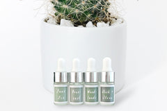 Four Mini Essential Oil Droppers by Greenmade goods. Scents: Faux Fir, Overcast, Woodlands, Stick + Stone.
