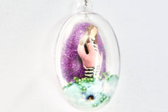 Miniature Girl Doll In The Park Purple and Green Dome Pendant Silver Chain Necklace by Lauren Jay Designs