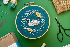 Embroidery project featuring a white swan and blue, white, and yellow flowers on a dark blue fabric, surrounded by embroidery kit supplies.