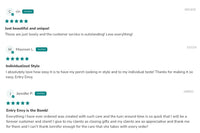 Customer reviews/ testimonials. Three verified reviews all with 5 star reviews. Product reviews came from from past and present customers.