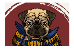 Vinny the Pug Samurai is an alter-ego graphic representation inspired by an actual photograph of Vinny.