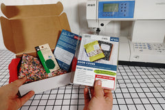 This box theme is Sew Green and showcases a pre-cut sewing project kit and directions to sew a book cover with hidden pocket.