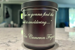 An example of our scented candles that come in our Album of the month subscription box. QR Code Included. Fragrances and quotes will vary.