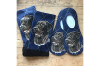 These Crew Socks, and No-Show Socks have a Chocolate Lab with a rich blue and gold argyle background.