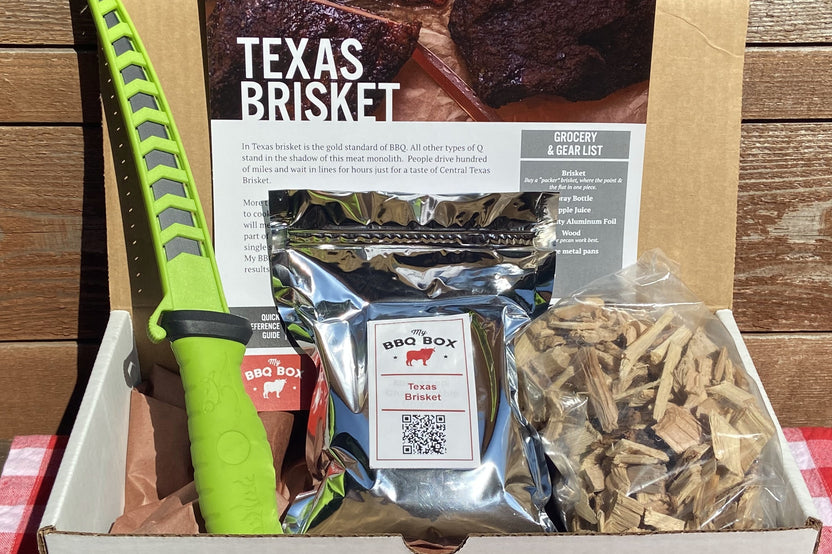 Texas Brisket from My BBQ Box.  Includes custom rub, cooking instructions, wood chips or pellets, and a BBQ accessory.