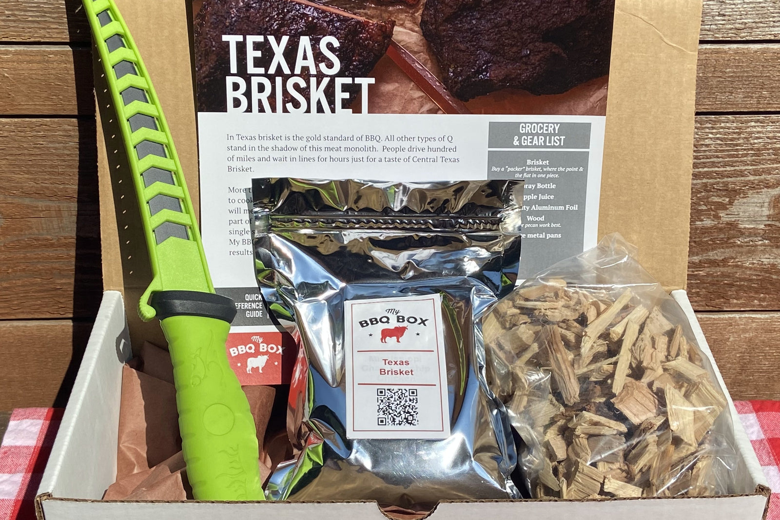 Texas Brisket from My BBQ Box.  Includes custom rub, cooking instructions, wood chips or pellets, and a BBQ accessory.