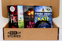 Brown subscription box filled with four surprise mystery books, featuring captivating stories and intriguing plots for genre enthusiasts.