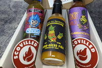 SCOVILLED hot sauce of the month featuring Stanky Sauce, Down to Ferment, and Up All Night Bottling Co