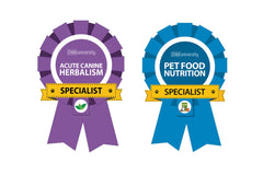 This image shows the owner's certifications in acute canine herbalism and pet food nutrition. One ribbon is purple, one is blue.