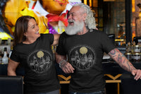 A couple standing in front of a bar wearing Harry Potter Hogwarts Full Moon Tshirts. They are laughing and smiling.