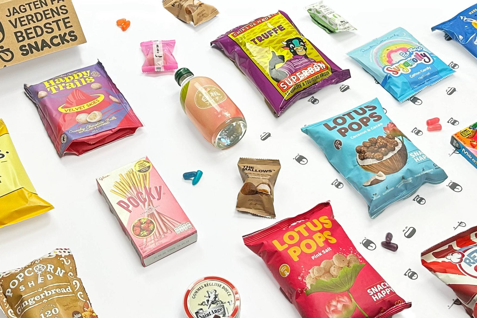 Angled image of the showcase box for FROD, in reality the most beautiful snacks we've found so far. Look at the cute little peach soda.