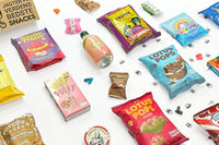 Angled image of the showcase box for FROD, in reality the most beautiful snacks we've found so far. Look at the cute little peach soda.